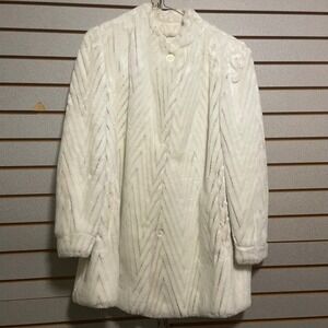 VINTAGE Chevron Faux Fur Coat Ivory‎ Cream Winter Warm Button Up Women Large L